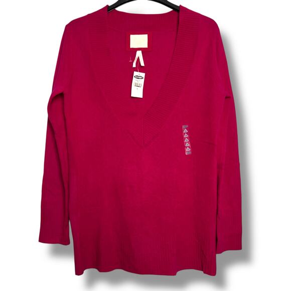 Old Navy Size Large Fuchsia Pink Deep Vee Neck Cashmere Sweater Tunic New W/Tags - Picture 1 of 9